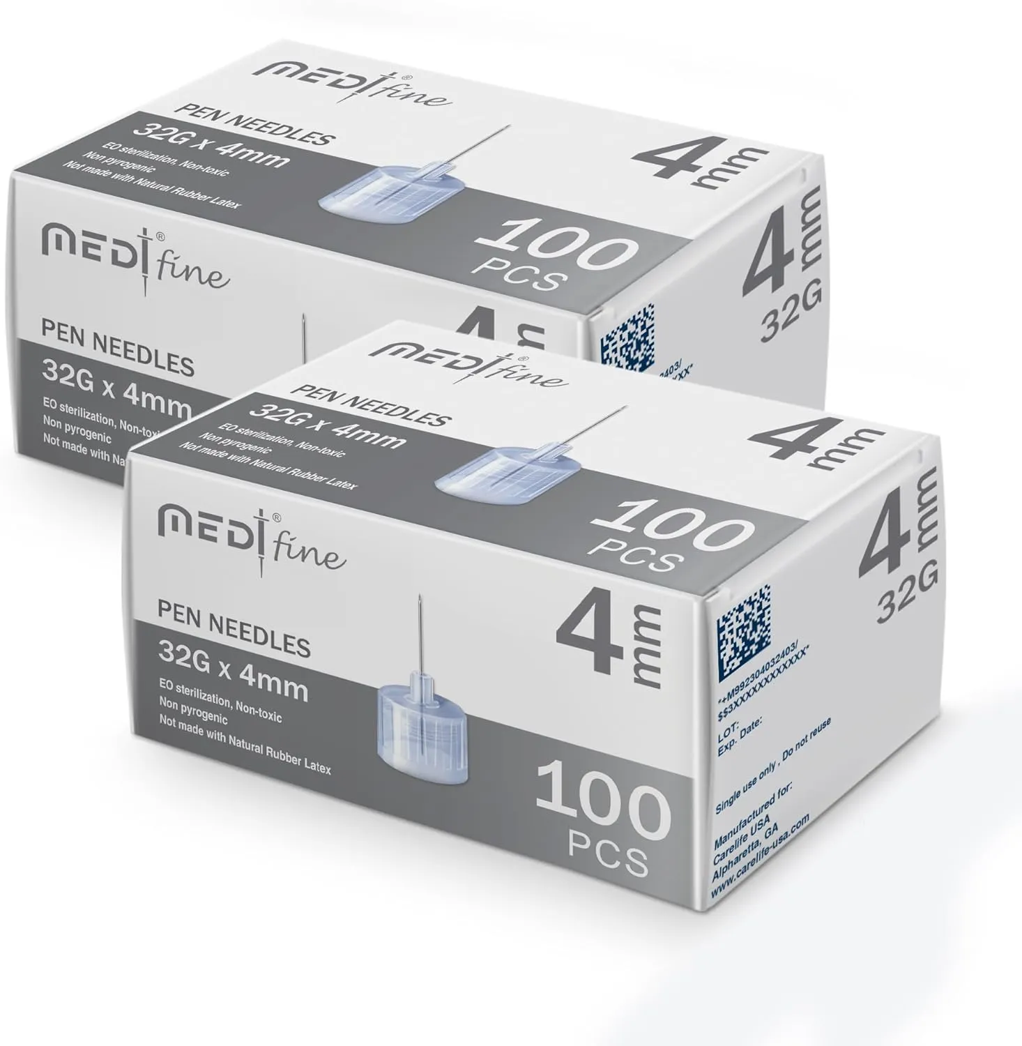 Fine Insulin Pen Needles (32G 4mm) - Diabetic Needles for Insulin Injections, Ultra Fine Compatible with Most Diabetes Pens - 100 Ct, Pack of 2