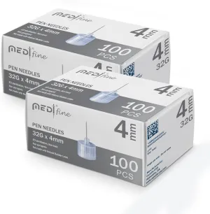 Fine Insulin Pen Needles (32G 4mm) - Diabetic Needles for Insulin Injections, Ultra Fine Compatible with Most Diabetes Pens - 100 Ct, Pack of 2