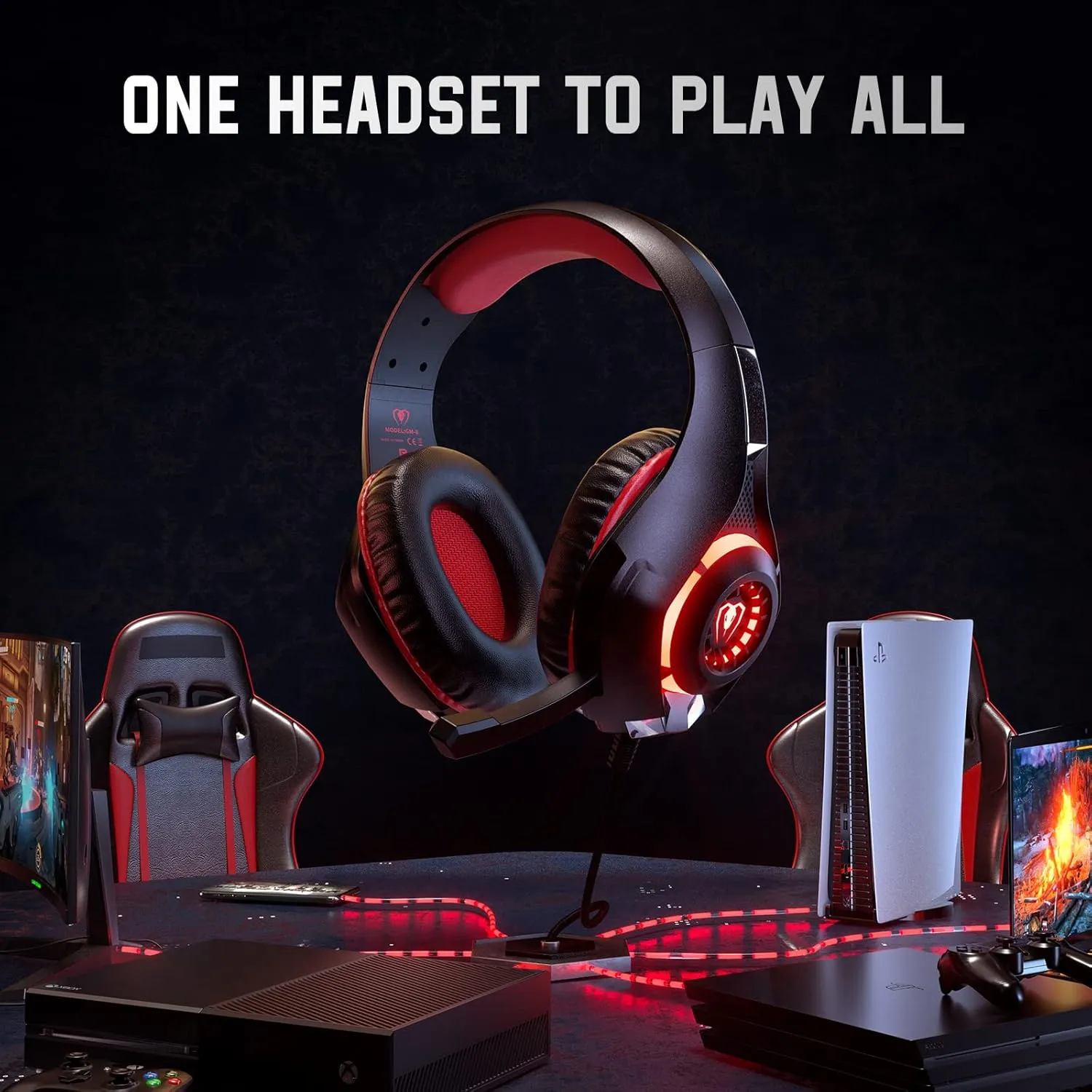 Gaming Headset for Ps4 Ps5 Xbox One Switch PC with Noise Canceling Mic, Deep Bass Stereo Sound (Black Red)