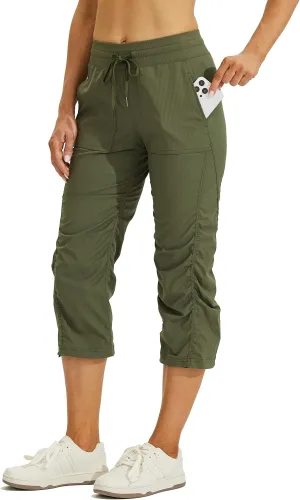 Willit Women's Quick-Dry Capris Travel Pants Lightweight Striped Woven Workout Casual Pants with Pockets