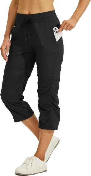 Willit Women's Quick-Dry Capris Travel Pants Lightweight Striped Woven Workout Casual Pants with Pockets